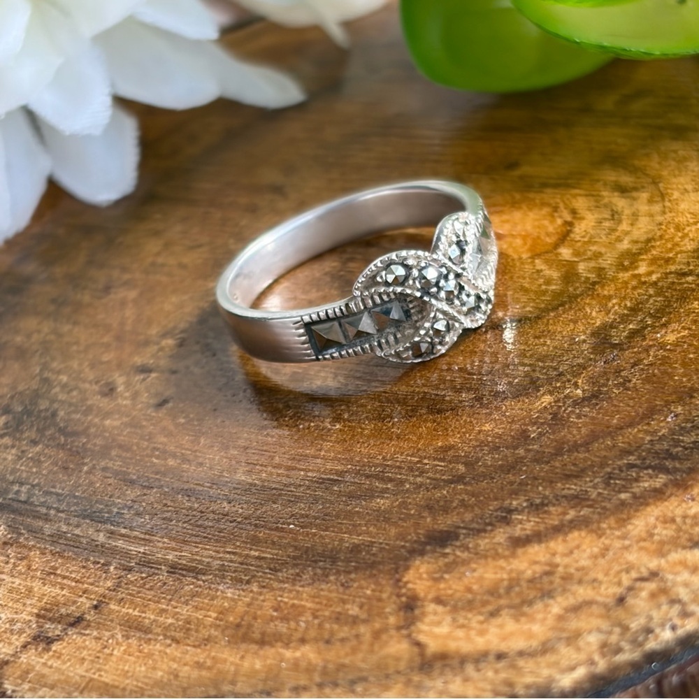 Vintage Sterling Silver 925 Marcasite Ring Size 5 1/2 5.5 Bow Knot Art Deco - Picture 6 of 11